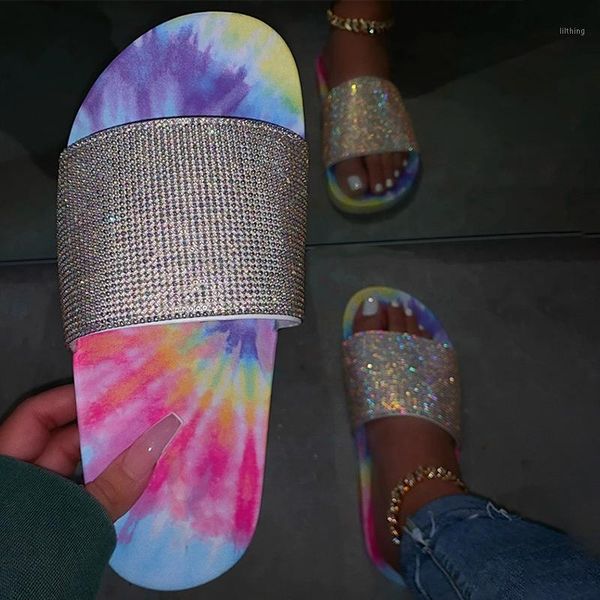 

2020 women's flat slippers crystal glitter casual shoes bling colorful rhinestone ladies summer slides sandals female fashion1, Black