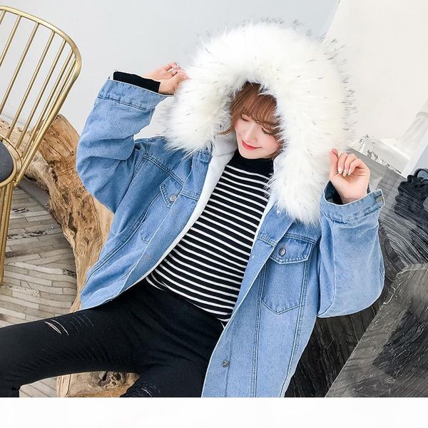 

women's denim jacket with fur winter hooded coat female faux fur collar 2019 padded warm jackets women, Black;brown