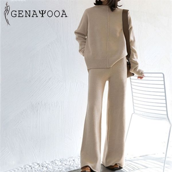Genayooa Simple Cousssit 2 шт. Костюмы для женщин вязаные с длинным рукавом два набор Топ и брюки костюма Вершина корейский 220315
