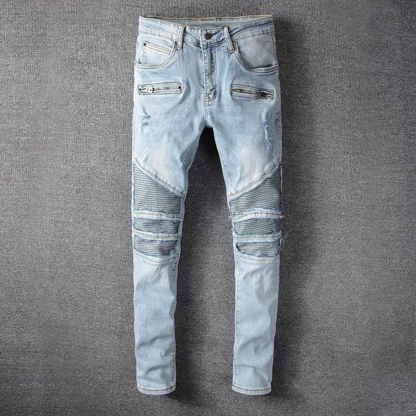 

men wear out jeans small foot motorcycle pants men light blue ripped biker jeans streetwear stretch denim pencil pants trousers