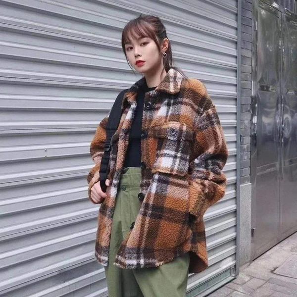 

women's jackets 2021 winter thickened lapel plaid jacket, Black;brown