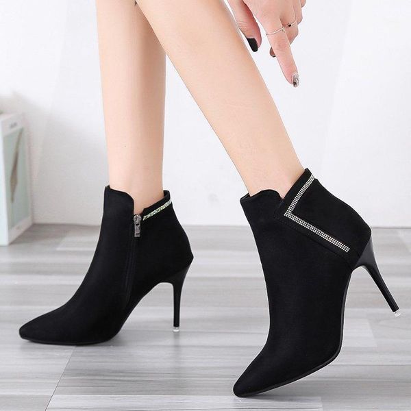 

women's autumn and winter women's boots side zipper 2020 new fashion stiletto pointed toe boots high-heeled nude1, Black