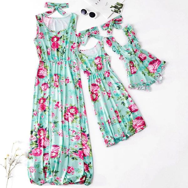 

summer family dress mother and daughter matching clothes beach vacation outfits print dresses+bow 2pcs baby girl jumpsuit y200713, Blue