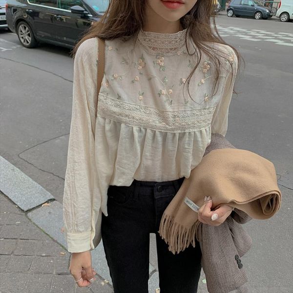 

new elegant lace stand collar blouse shirt hollow out floral embroidery feminine blouses women long sleeve, White