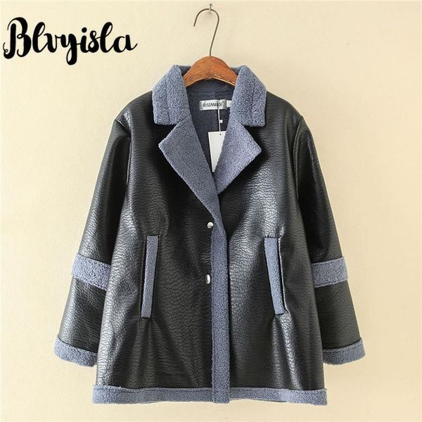 

blvyisla large winter warm pu leather fleece stitching parkas long sleeve cotton blend jacket coat female chic outwear 1, Tan;black