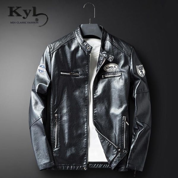 

kunyulang embroidery men leather jacket 2021 stand collar black men's bomber jacket warm punk coat with fur blue 3xl bsgd988