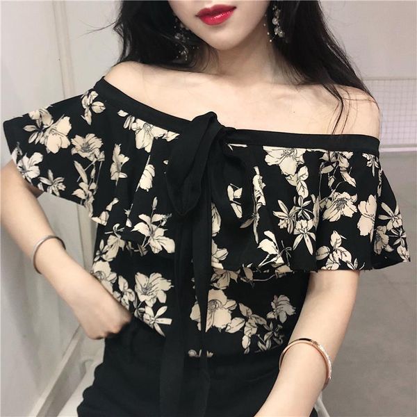 

2021 summer floral off shoulder halter chiffon blouse slash neck floral print blouses female blouse women, White