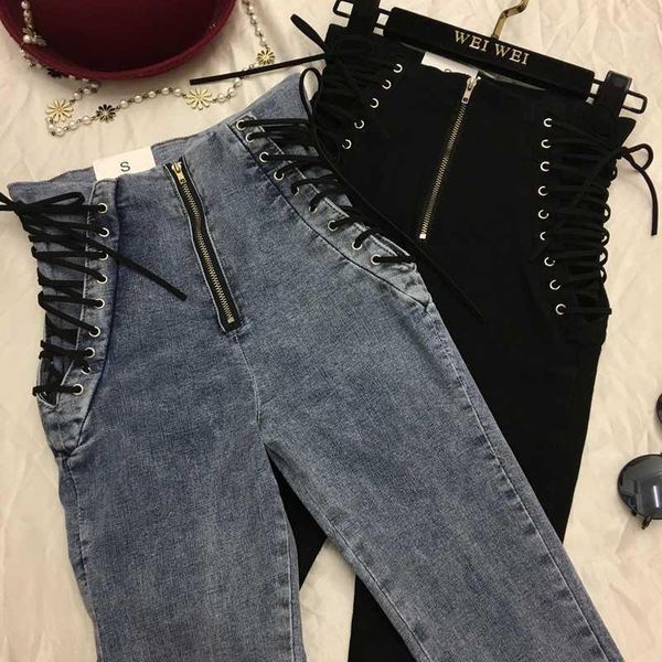 

new women fashion jeans ankle-length pants europe lace-up bowknot slim pencil pants stylish panter female1, Blue
