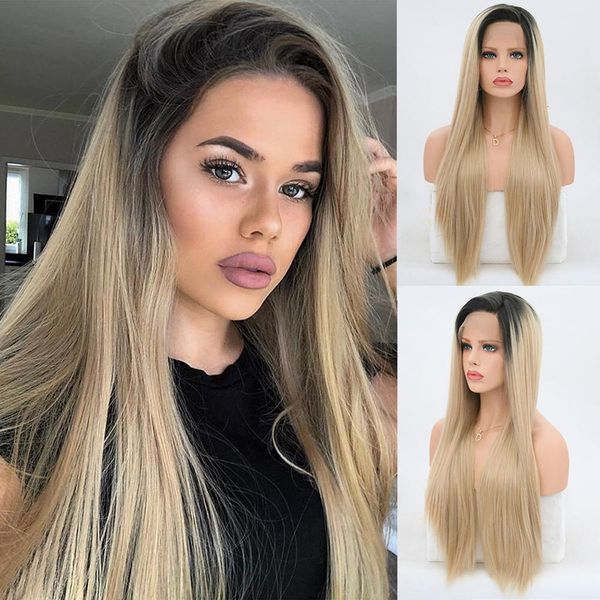 

rongduoyi long silk straight synthetic lace front wig high temperature ombre blonde lace wigs for women two tone blonded wig, Black;brown