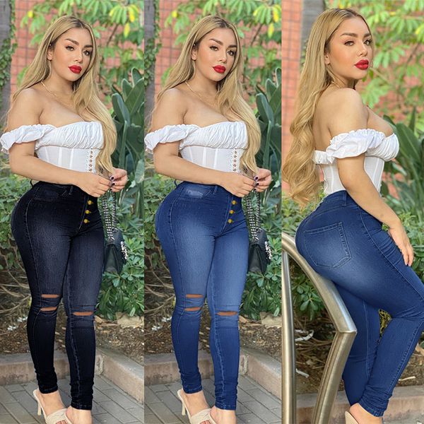 

women's jeans new denim high waist elastic leggings, Blue