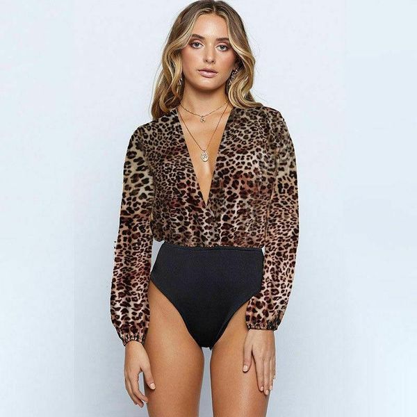 

fashion women long sleeve v neck stretch bodysuit ladies leotard body leopard print bodysuit short1, Black;white