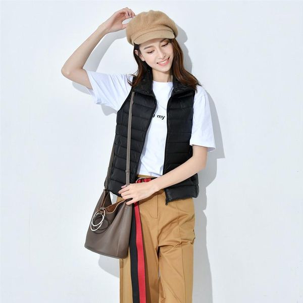

qpfjqd autumn winter women zipper vest white duck down soft warm waistcoat loose female outwear ultra light vest coat sleeveless1, Black