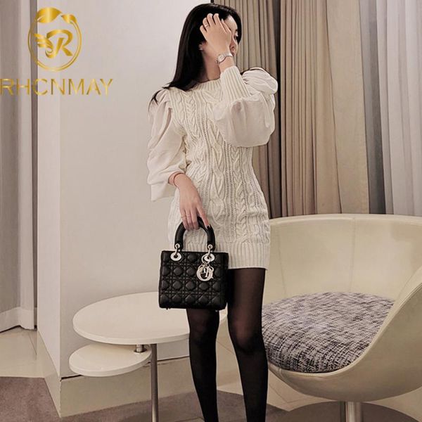 

2021 autumn winter new fashion patchwork long sleeve dress sweater women's knit o-neck temperament slim dresses, Black;gray