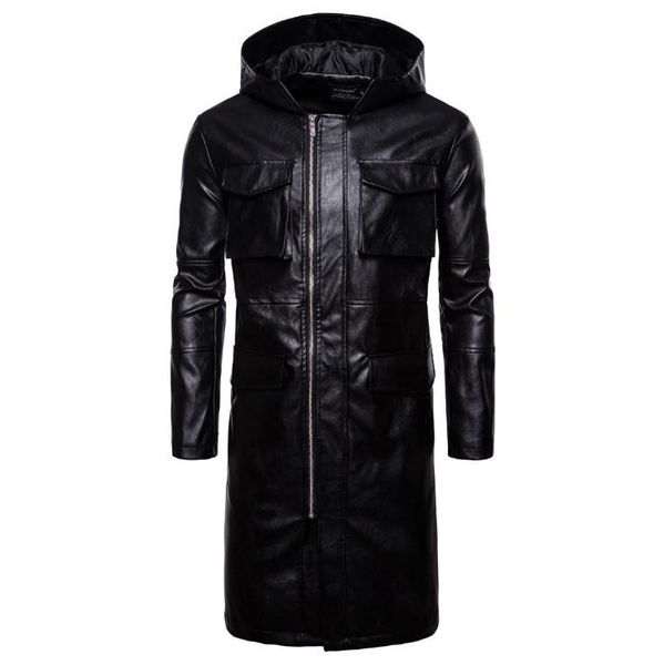 

men's fur & faux men fashion hooded long windbreaker jacket england style pockets leather jackets male coat europe/us size est, Black