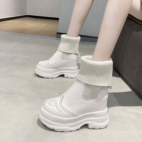 

rimocy soft knitted elastic ankle boots for women chunky hidden heels platform boots woman pu hollow out height increase shoes #nc1a, Black
