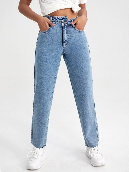 

asymmetrical waist straight leg jeans k9cf#, Blue