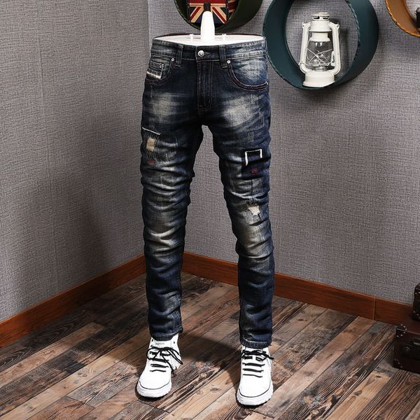 

2021 new fashion streetwear men jeans slim fit retro dark blue elastic ripped denim punk pants designer hip hop trousers xa3m