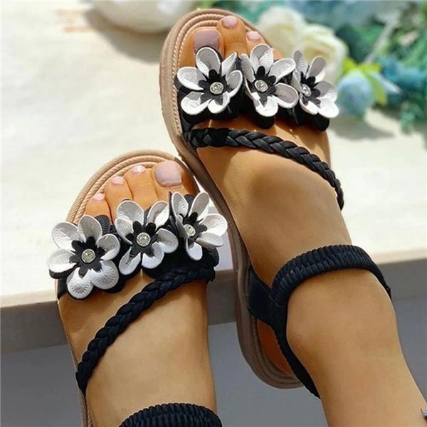 

ethnic women cute bohemia flower sandals ankle elastic strap flat heel open toe leather weave casual beach ladies shoes, Black