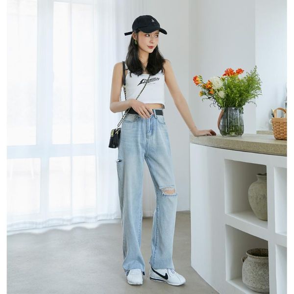 

baggy wide legged jeans high waist full length wide llg pants women ripped jeans for women full pants ropa coreana mujer, Blue