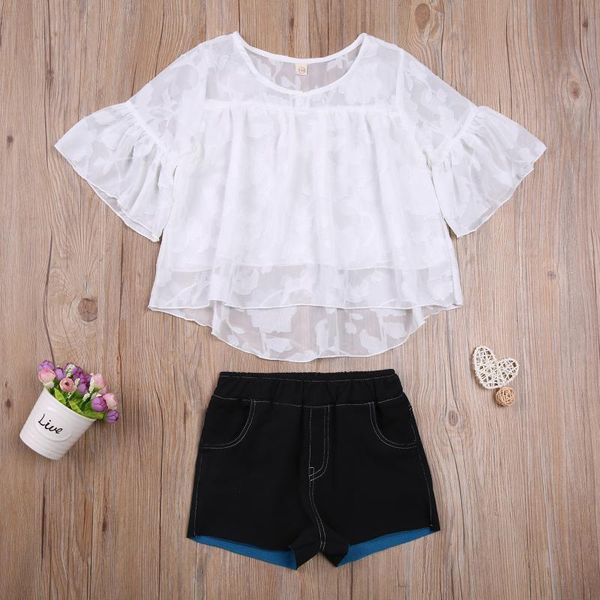 

baby & children's clothes girl's clothing set print and denim shorts two-piece suit for birthday party vacation, White