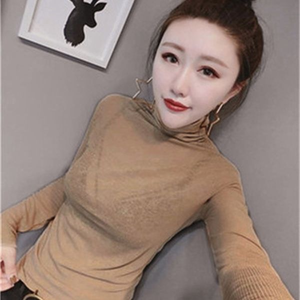 

2021 new autumn new high neck long female t-shirt elastic thread micro transparent bottom thin axjp, White