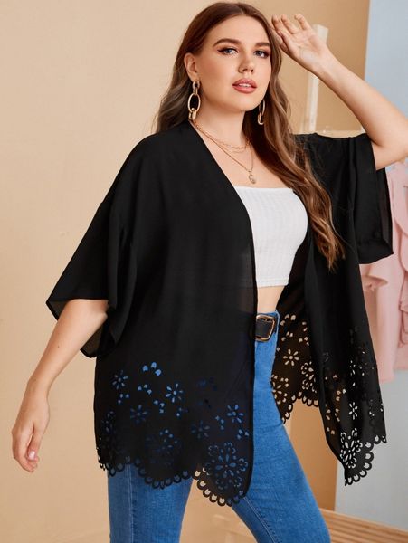 

plus laser cut scallop hem drop shoulder kimono q2mu#, Black