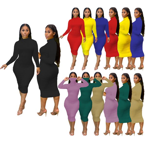 

europe and america autumn and winter large women's 2020 tight dress designer fashion casual slim solid color long sleeve dresses, White;black