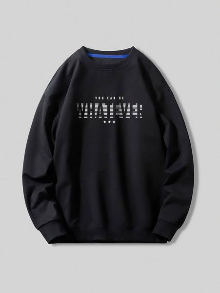

men letter graphic round neck pullover a3m2#, Black