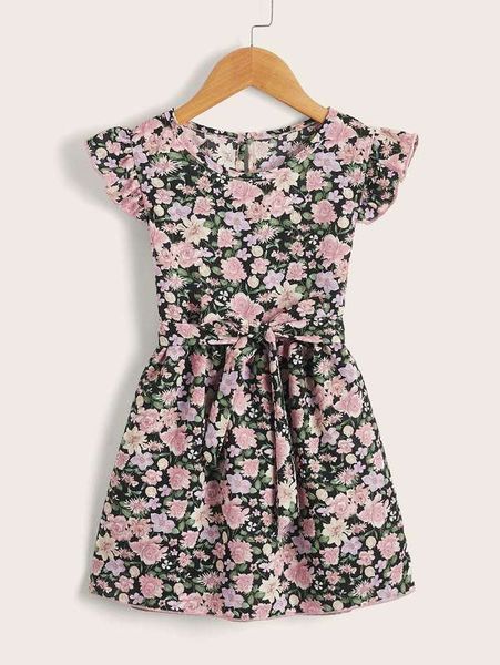 

toddler girls floral print flutter sleeve belted dress she, Red;yellow