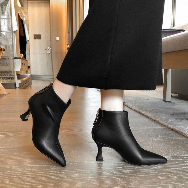 

bandkle boots женщины осень зима натуральные кожаные ботинки вечеринка офисная обувь женщина заостренный носок задняя молния короткий размер, Black