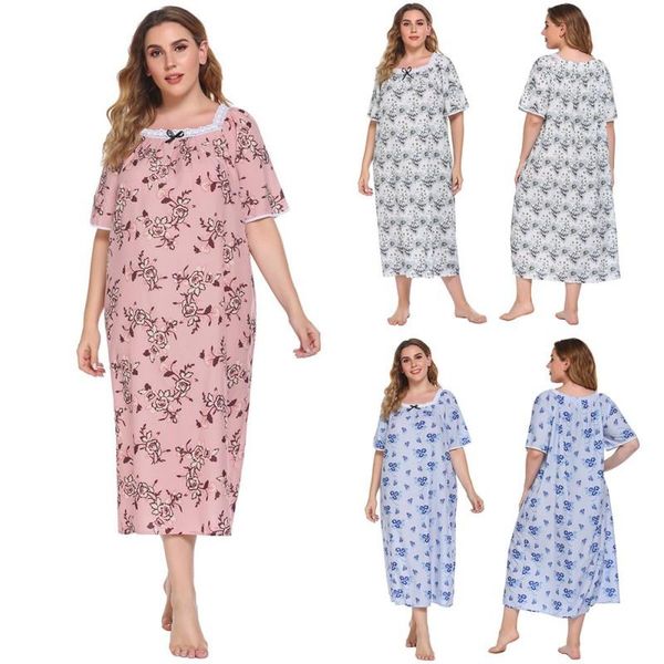 

women's sleepwear plus size spring summer ladies short sleeve printed floral nightdress casual long home clothes dress, Black;red