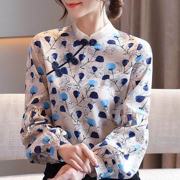 

blusas mujer de moda 2021 blouse women long sleeve chiffon blouse shirt women blouses vintage print chiffon d417, White