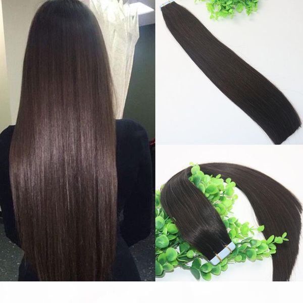 

tape in human hair extensions brown #2 glueless 40pcs 100gram brazilian virgin hair skin weft thick end, Black