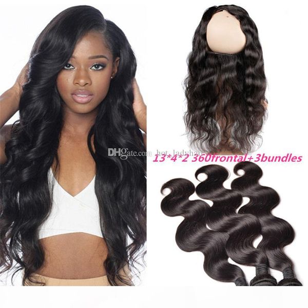 

13*4*2 360 lace frontal closure with bundles indian body wave hair weave bundles with 360 lace frontal 4pcs lot, Black