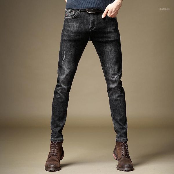 

men stretch black jeans fashion regular fit pencil pants korean style denim trousers1, Blue