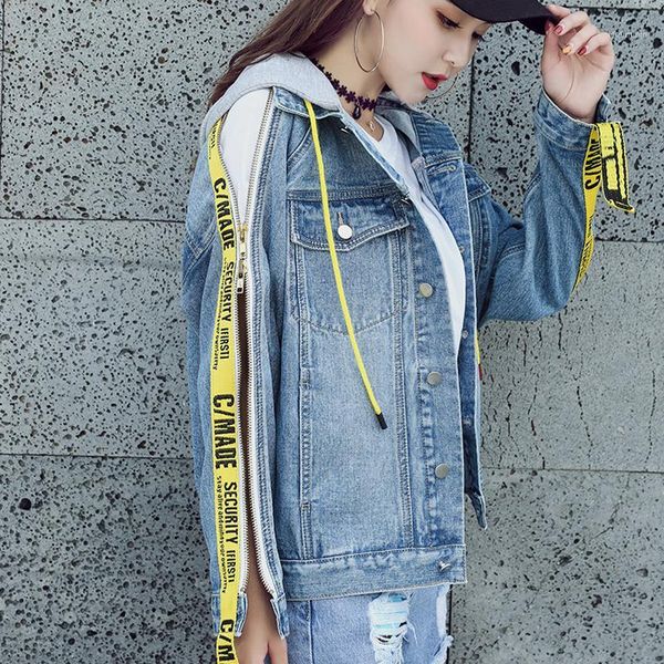 

2018 light blue ribbons spliced denim jacket for women's windbreaker coat female ripped pocket jeans jackets clothes autumn1, Black;brown