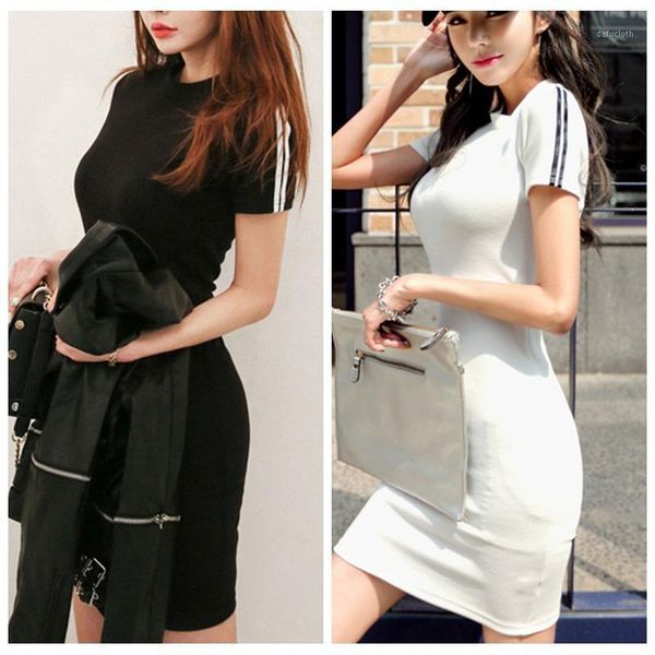 

women's o-neck short sleeve striped print bodycon dress1, White;black