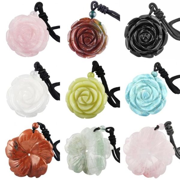 

tumbeelluwa healing crystal stone hand carved flower lucky pendant necklace adjustable nylon cord, Silver