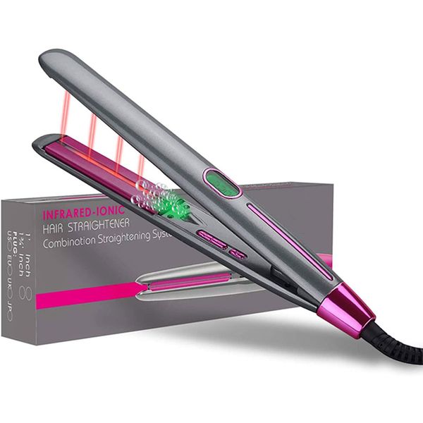 

professional 2 in 1 hair straightener & curler 1" plate infrared ceramic flat iron with lcd display, adjustable temperature, fasting he, Black