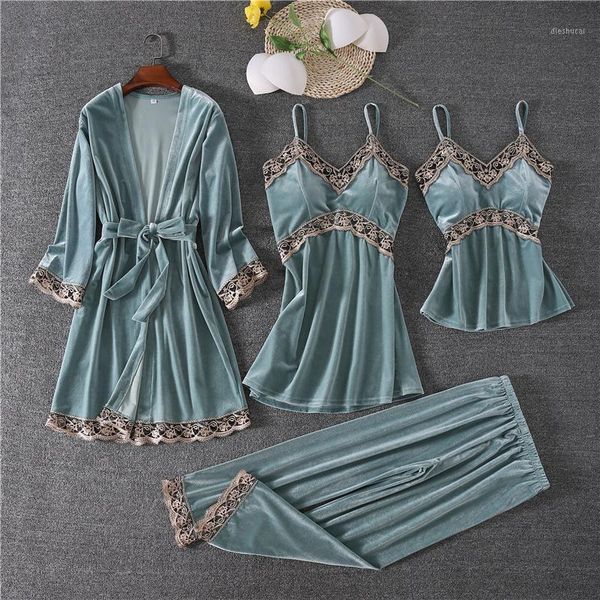 

4pcs golden velvet lingerie set with robe kimono women bathrobe long sleeve sleepwear bath robe bridesmaid pajamas pijamas1, Black;red