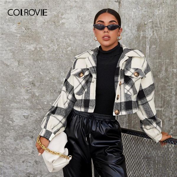 

colrovie flap pocket crop plaid jacket women autumn coats ladies long sleeve button front casual outerwear jackets, Black;brown