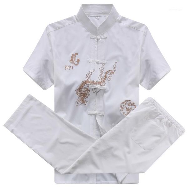 

men's tracksuits middle-aged and elderly tang suit short-sleeved men's summer embroidery shirt dad chinese grandpa stand-up collar, Gray