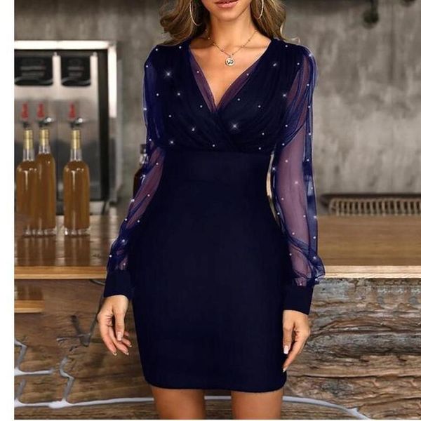 

casual dresses new mesh gauze stitching shiny bead dress slim dress, Black;gray