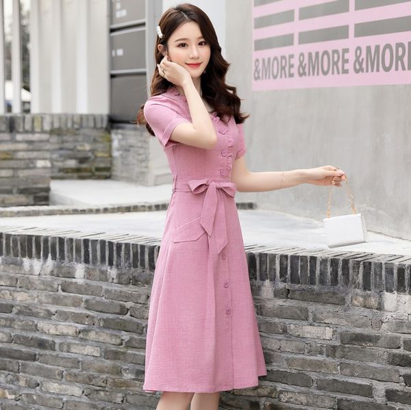 

Summer New Slim Medium Length Sweet Lace Up Fashion Cotton V-neck Breasted Women Cocktail Dresses 9846 party, Blue