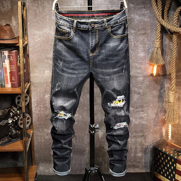 

new men's grey jeans punk hole zipper slim stretch pants ripped skinny tore up jeans for men fashion ankle pants streetwear28-38, Blue