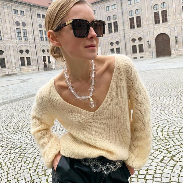 

georgia mohair wool jumper female casual winter mesh pullovers 2020 vintage beige sweater, White;black