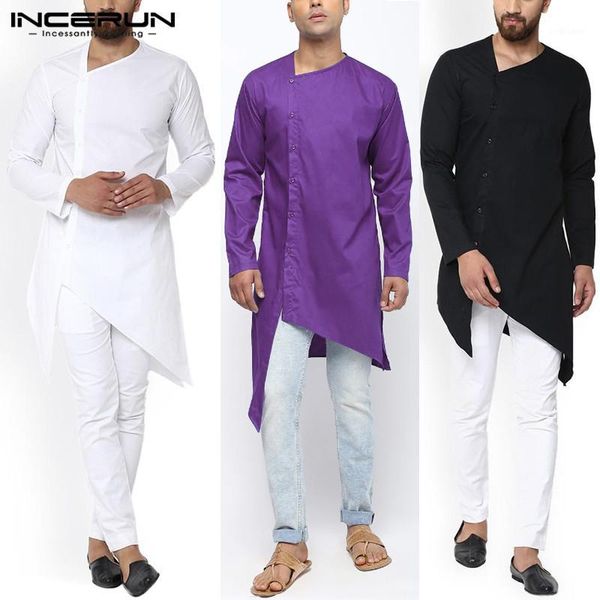 

men long shirts long sleeve button solid color irregular robe clothes vintage men streetwear muslim plus size1, White;black