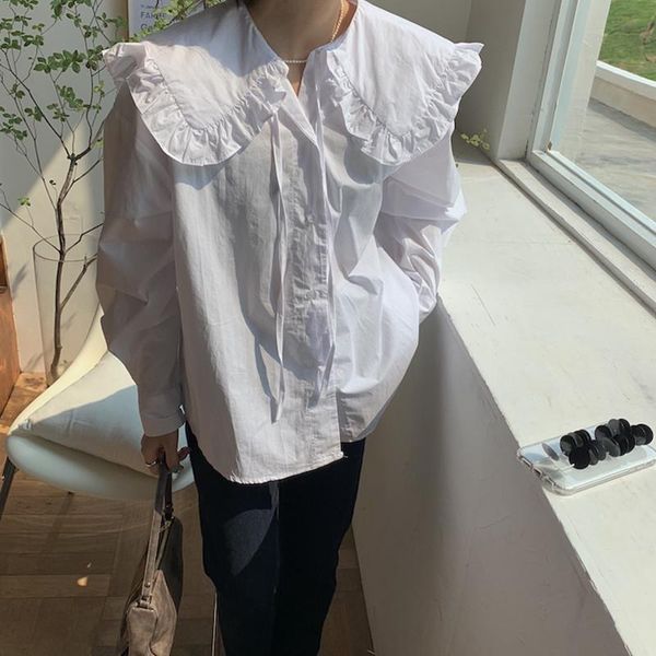 

shop1314 casual women shirt all-match sweet big turn-down collar long sleeve loose blouse autumn korean lazy style blusa shirts, White