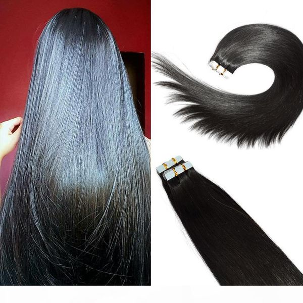 

tape in human hair extensions #1b natural color remy human hair extensions silk straight 100g 40pcs, Black