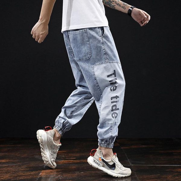 

wholesale 2021 fashion denim jeans men's autumn winter drawstring loose stitching stretch printing light color harem pants, Blue